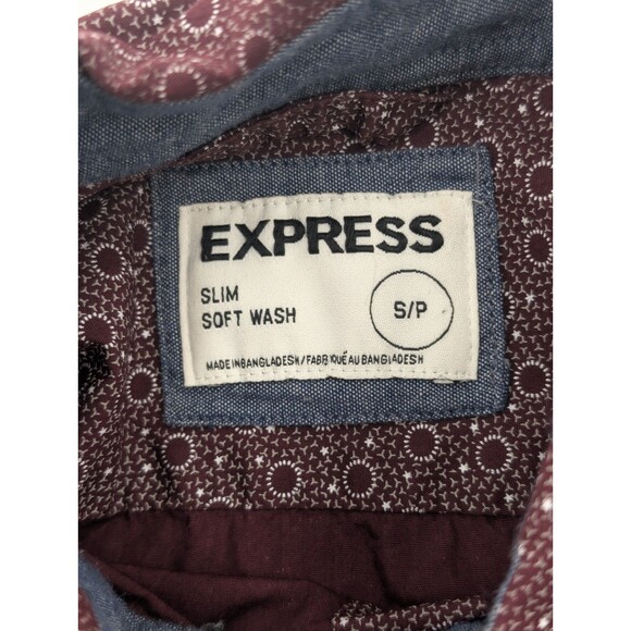 Express Slim Soft Wash Red Maroon Stars Suns Pattern Dress Shirt Mens Size Small - Picture 3 of 6